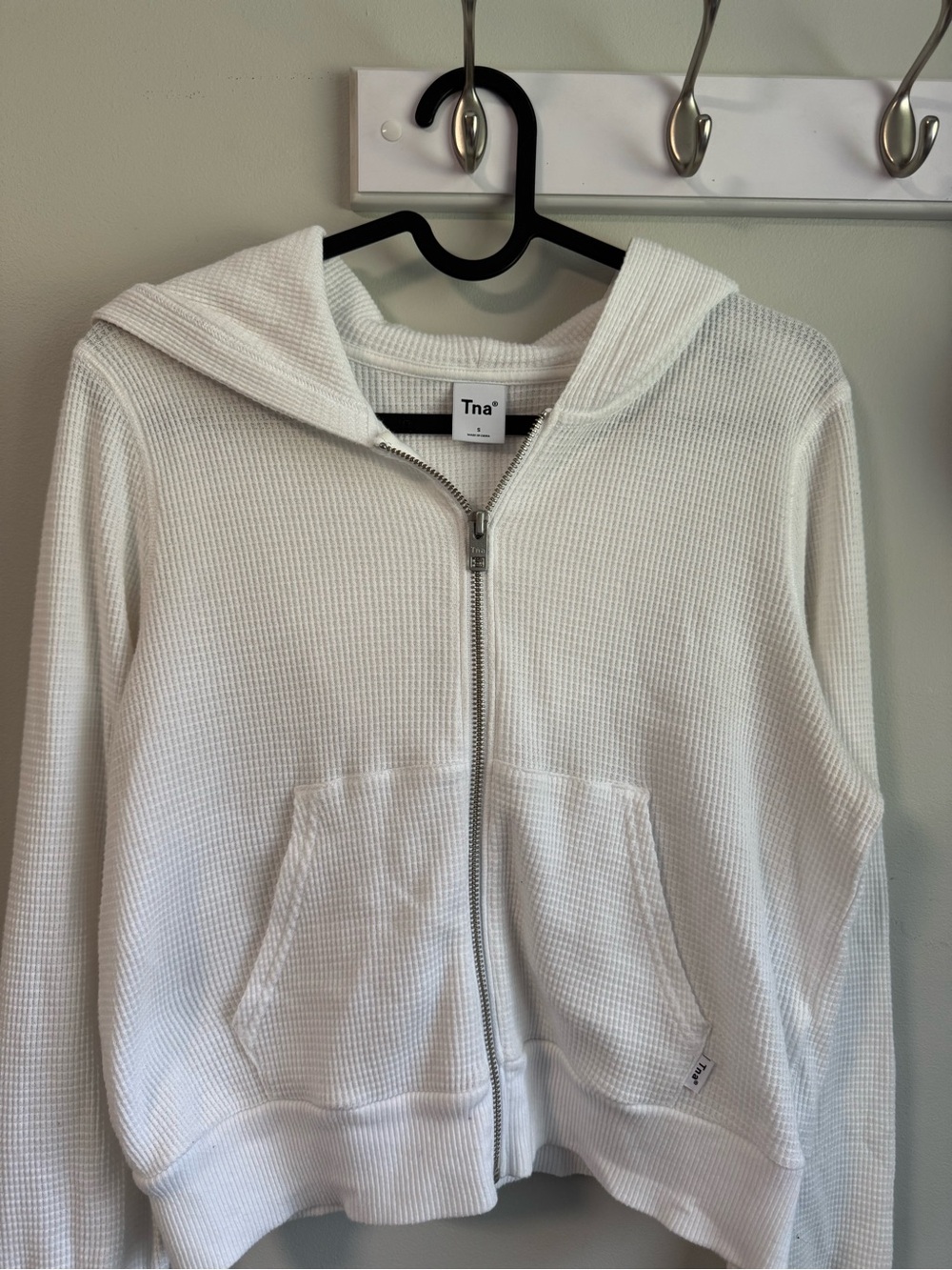 TNA White Waffle-Knit Hoodie Zip Sweatshirt
